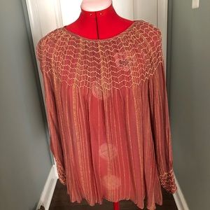 ANTHROPOLOGIE LOVE SAM RUST & METALLIC GOLD PEASANT BOHO BLOUSE TOP SZ S $148 RT